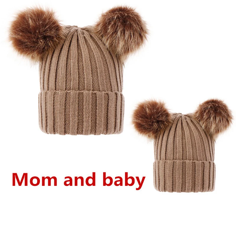 Mom and Baby Khaki Новая Зимняя шерстяная шапка для мамы и дочки, теплые шапки, шапки для женщин и детей, Повседневная однотонная зимняя шапка для детей, семейная вязаная шапка - Цвет: Mom and Baby Khaki