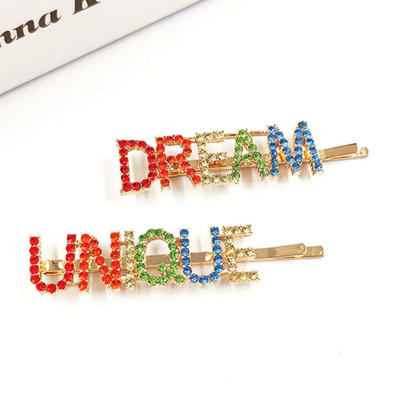 Colorful Crystal Rhinestone Letter Hairpins Unique Hair Clips For Lady Women Barrettes Hair Accessories