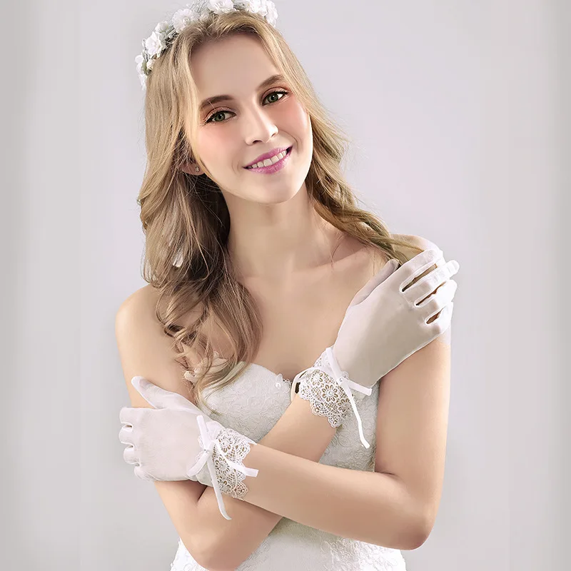 Элегантные женские свадебные перчатки для невесты кружевная Апликация короткие рукавицы с бантом