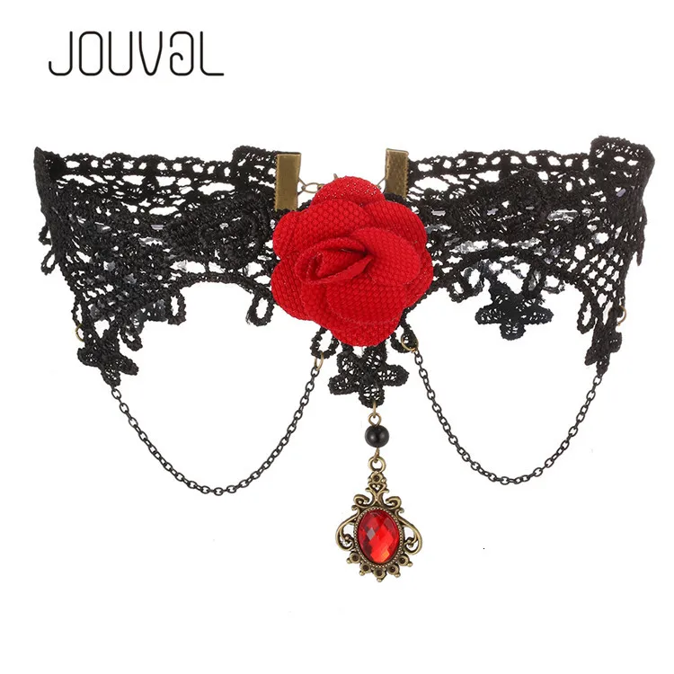JOUVAL, сексуальные Чокеры в готическом стиле, черный кружевной воротник, ожерелье-чокер, красный цветок, викторианские женские чокеры, стимпанк ювелирные изделия, распродажа