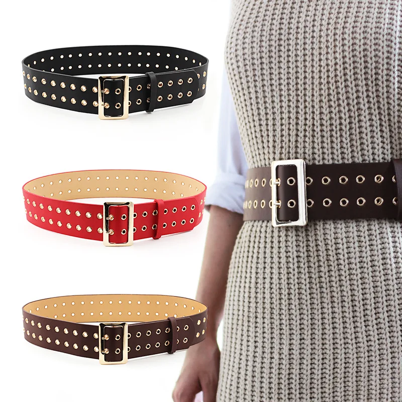 

New Fashion Double Row Rivet Hollow Waistband Width Belts Women Causal Leather Black Brown Belt Ceinture Ladies For Dress