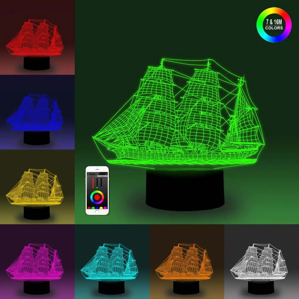 NiteApps 3D Sailboat ночник настольная лампа Иллюзия украшение лампа подарок на день рождения приложение/сенсорное управление