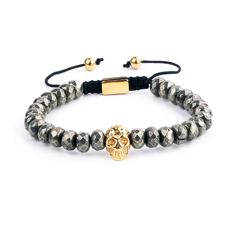 New Fashion Male Skull Bracelet Stainless Steel Skeleton Charm Hematite Pyrite Stone Friendship Bracelet Men Bangle Gift