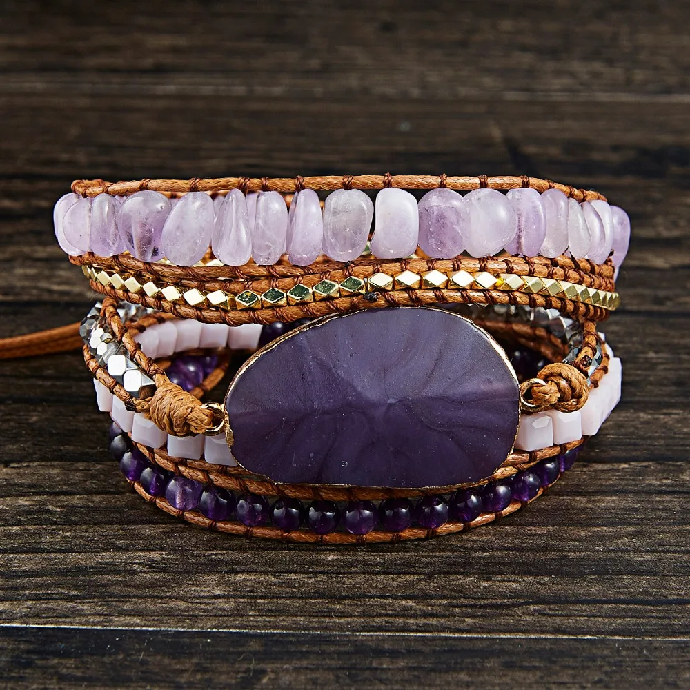 Rinhoo 86-90 см натуральные камни кристалл фиолетовый Амулет из друзы камней 5 нитей кожа обруча браслеты ручной работы браслет для женщин ювелирные изделия