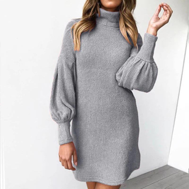 

Women Casual Loose Sweater Dress Solid Puff Sleeve Turtleneck Mini Dresses Autumn Winter Knitted Dresses Plus Size