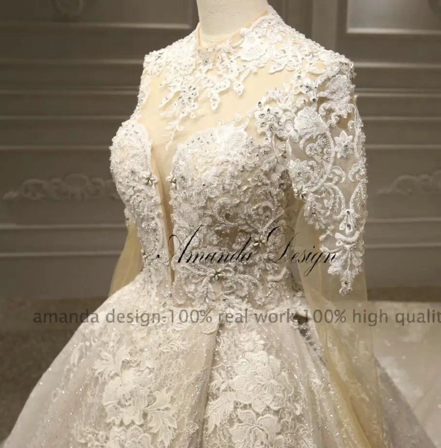 Аманда дизайн robe de mariee Высокая шея с длинными рукавами свадебная Кружевная аппликация платье