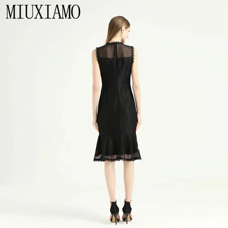 MIUXIMAO, высокое качество,, весеннее платье, с вышивкой попугая, роскошное, без рукавов, элегантное, черное, рыбий хвост, платье для женщин, vestidos