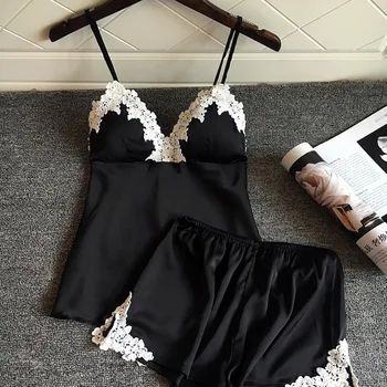 

2020 New Women's Sleepwear Sexy Satin Pajama Set Black Fashion Lace V-Neck Pyjamas Sleeveless Cute Pajamas Sets For Women Shorts