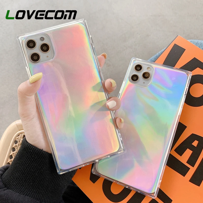LOVECOM лазерный квадратный чехол для телефона iPhone 12 Mini 11 Pro Max XR XS 7 8 Plus X 2 в 1