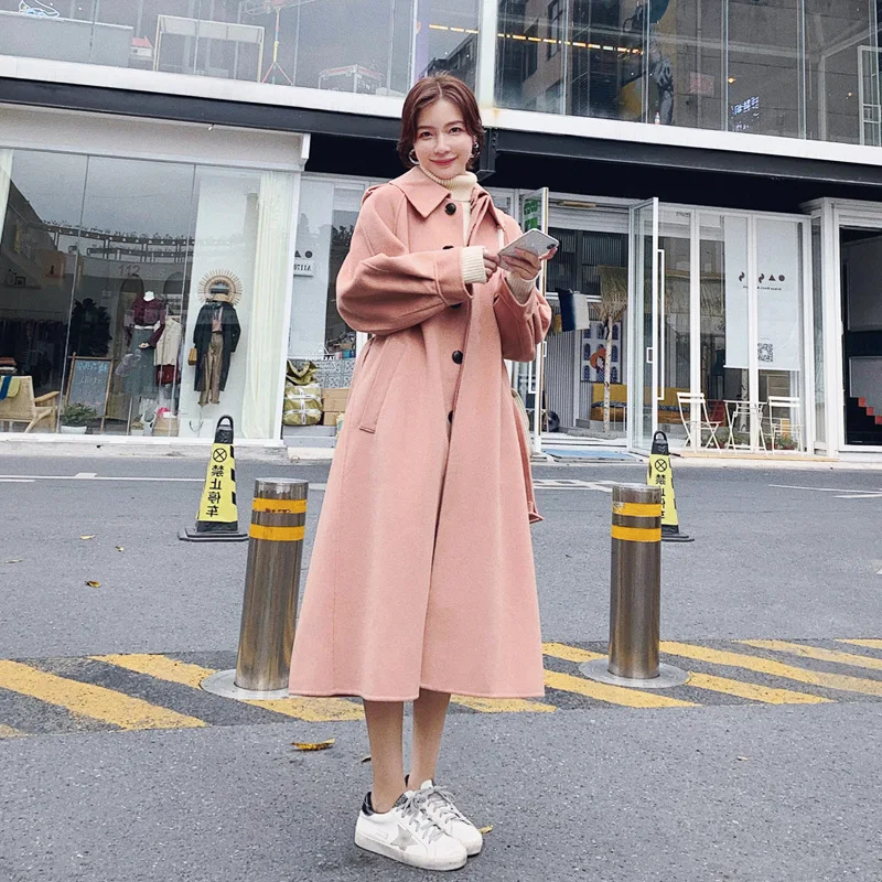 

2020 Autumn & Winter Korean-style New Style Mid-length Woolen Cloth British Style Cloak Warm Orange Pink Woolen Coat Coat Women'