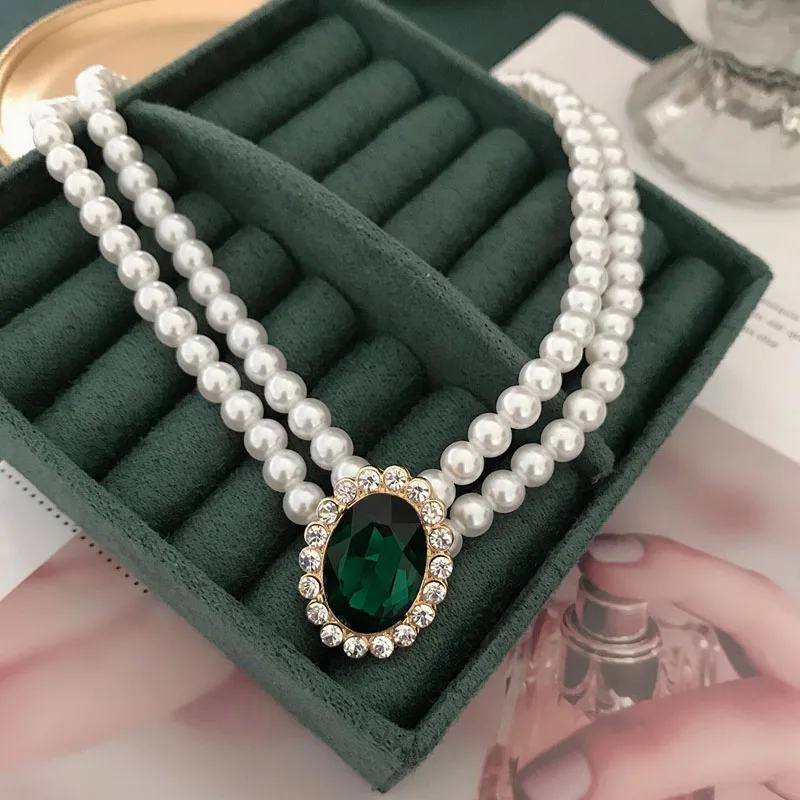 Charm Necklace Pearl Choker Green-Pendant Elegant Double-Layer Romantic