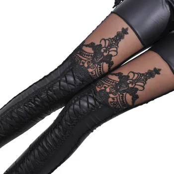 

Women Leggings Synthetic Leather Slim Sexy Black Stitching Embroidery Bundled Hollow Lace Calzas Mujer Leggins Stretchy One Siz