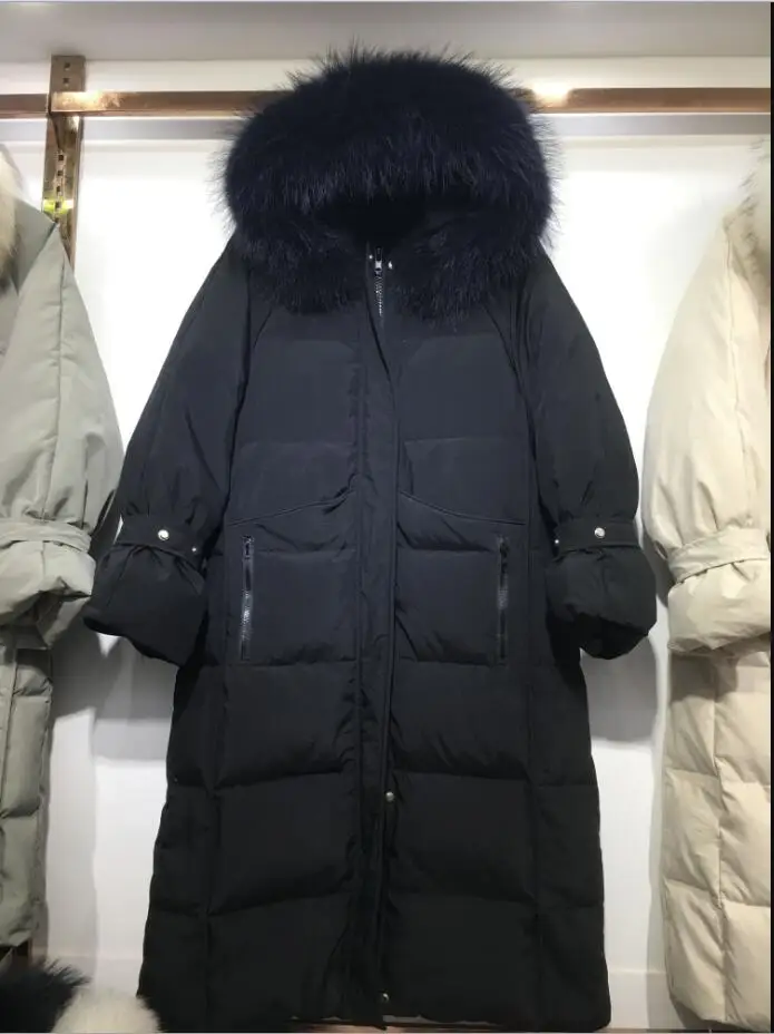 Rеel col en fourrure de raton laveur femmes veste d'hiver canard doudoune e paisse длинный манто для женщин парка grande taille 4XL
