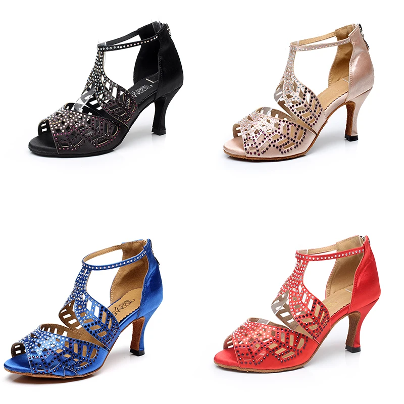 Женская танцевальная обувь для сальсы, бальных танцев; цвет синий, черный, розовый, красный; женская обувь для бальных танцев со стразами; обувь для девочек; обувь для танго EU33-43