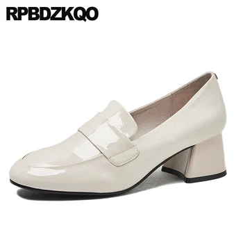 

slip on medium heels beige high quality pumps genuine leather casual patent shoes round toe thick 2019 block chunky women black