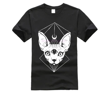 

Punk Gothic Sphynx Cat Head Moon Printed T shirts Black Witch Symbol Tshirts for Goth Cotton Tee Tops