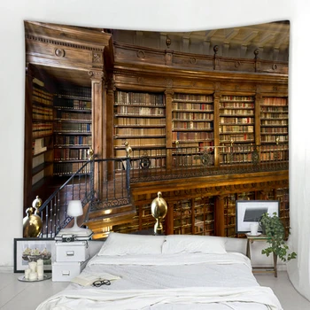

Retro bookshelf 3d digital printing tapestry full book wall hanging art wall tapestry mysterious library wall hanging family par