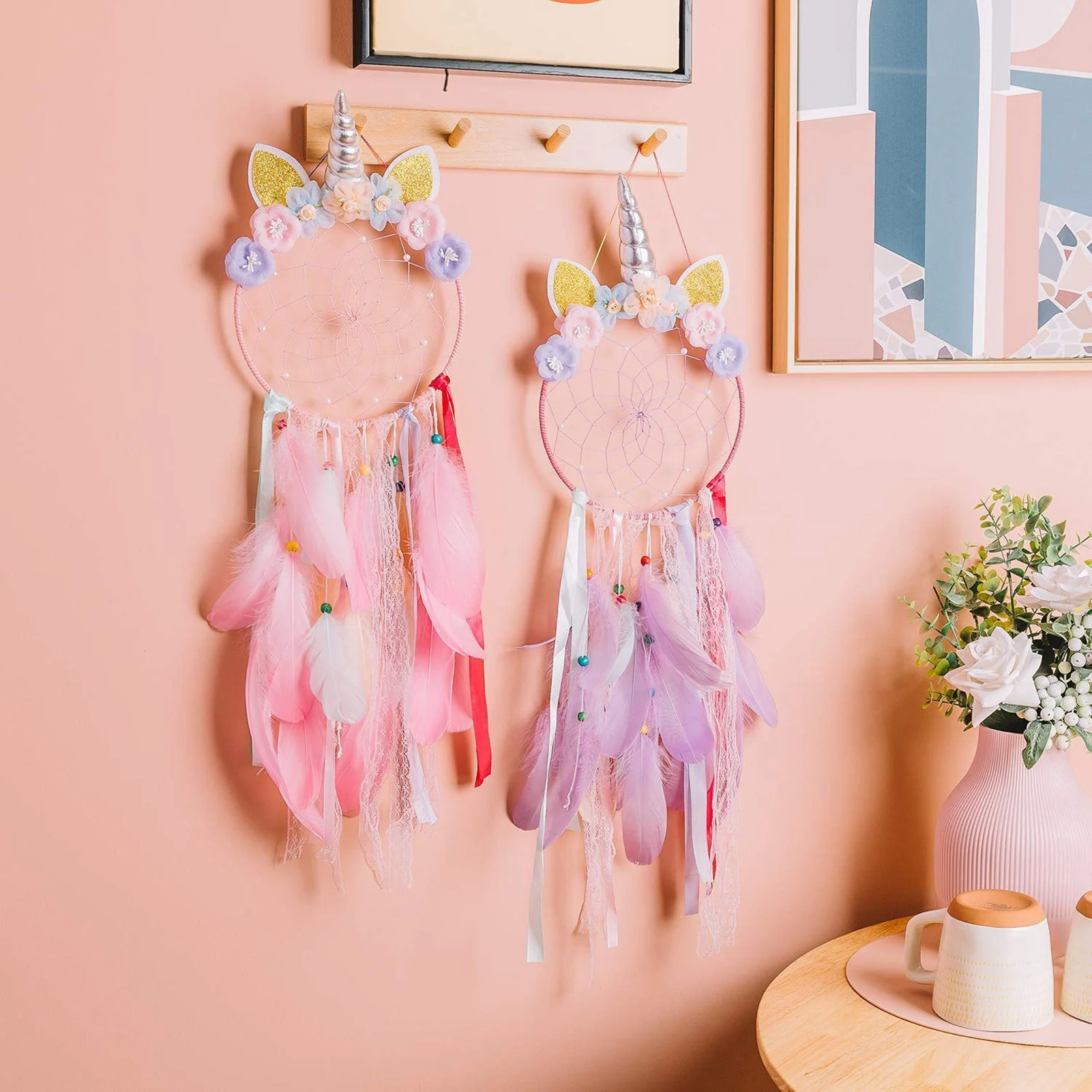 Unicorn Dream Catcher Handmade Purple Pink Feather Dreamcatchers Wall Hanging Ornaments For Girls Kids Room Decoration