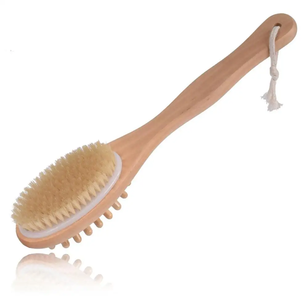 

2-In-1 Sided Natural Bristles Brush Scrubber Long Handle Wooden Spa Shower Brush Bath Body Massage Brushes Back Easy Clean