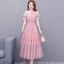 

Summer Floral Print Ruffle Chiffon Dress Women Plus Size 4XL Elegant Off Shoulder Mesh A-Line Dress New Casual Beach Party Dress