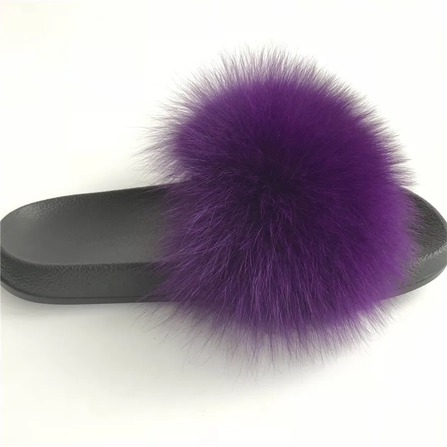 Тапочки на меху фиолетового цвета с натуральным лисьим мехом мягкие женские