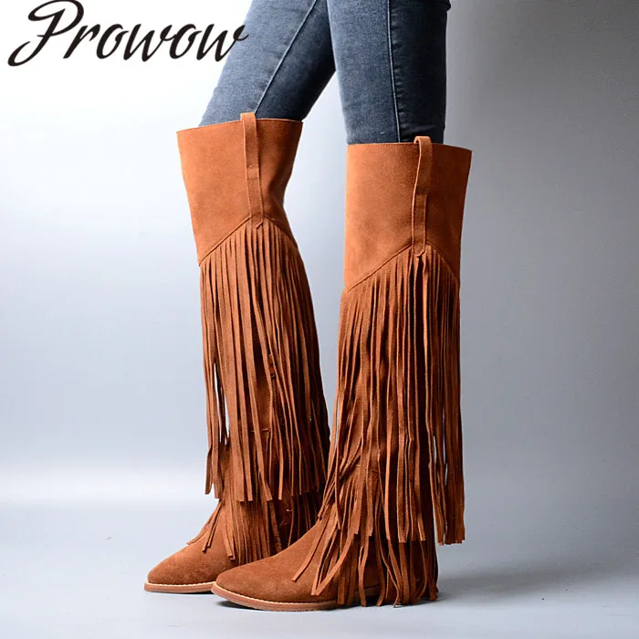 

Prowow New Genuine Leather Khaki Gladiator Fringe Over The Knee HIgh Boots Comfortable Slip On Low Heel Autumn Winter Boots