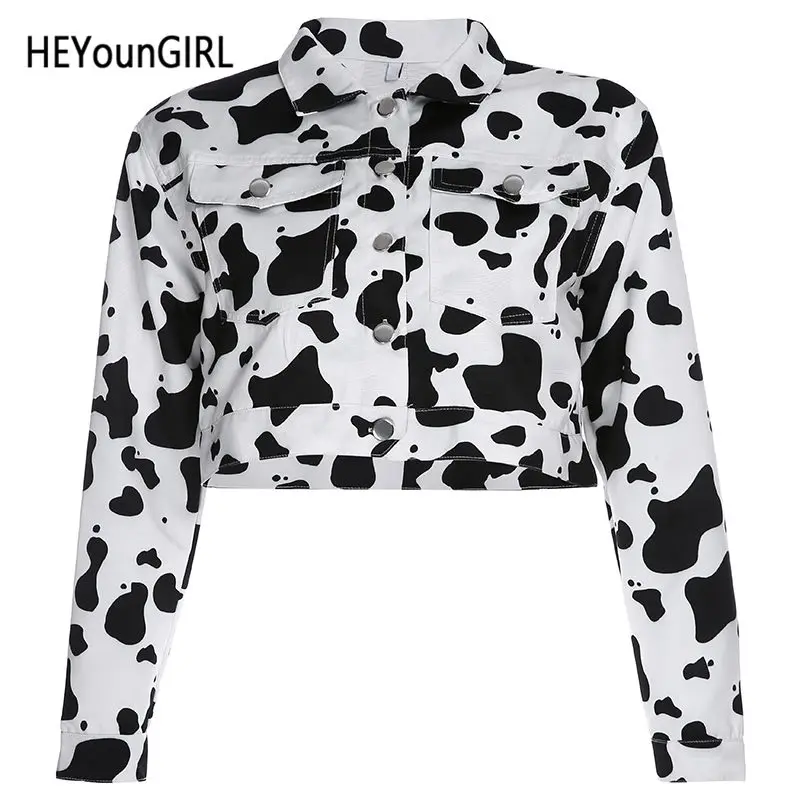 Белый HEYounGIRL, корова, животный принт, укороченная куртка, черный, белый цвет, повседневное пальто, женское, длинный рукав, коеан, тонкое пальто, осенняя уличная одежда - Цвет: Белый