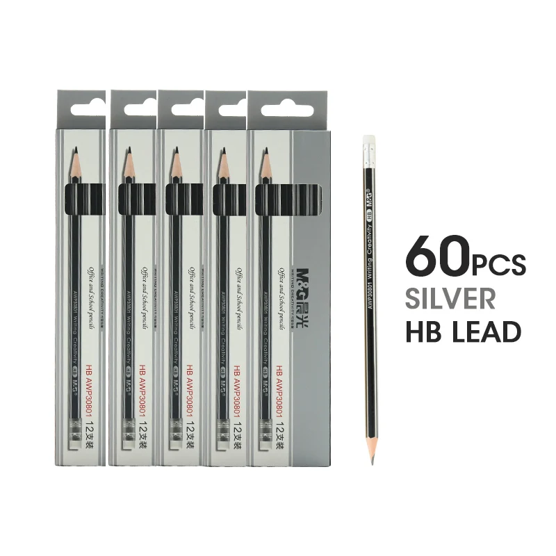 60pcs Silver Pencils M& G шестиугольник предварительно заточенные HB школьные карандаши с ластиком ведущий деревянный карандаш деревянный графитный карандаш канцелярские принадлежности, школьные принадлежности, 120/48 кГц/24 предмета - Цвет: 60pcs Silver Pencils