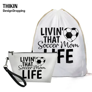 

THIKIN Kids Small Drawstring Bags Soccer Mom Life Printing Travel String Backpack 2PCS Custom Logo Sets Pouch Women Mochila Saco