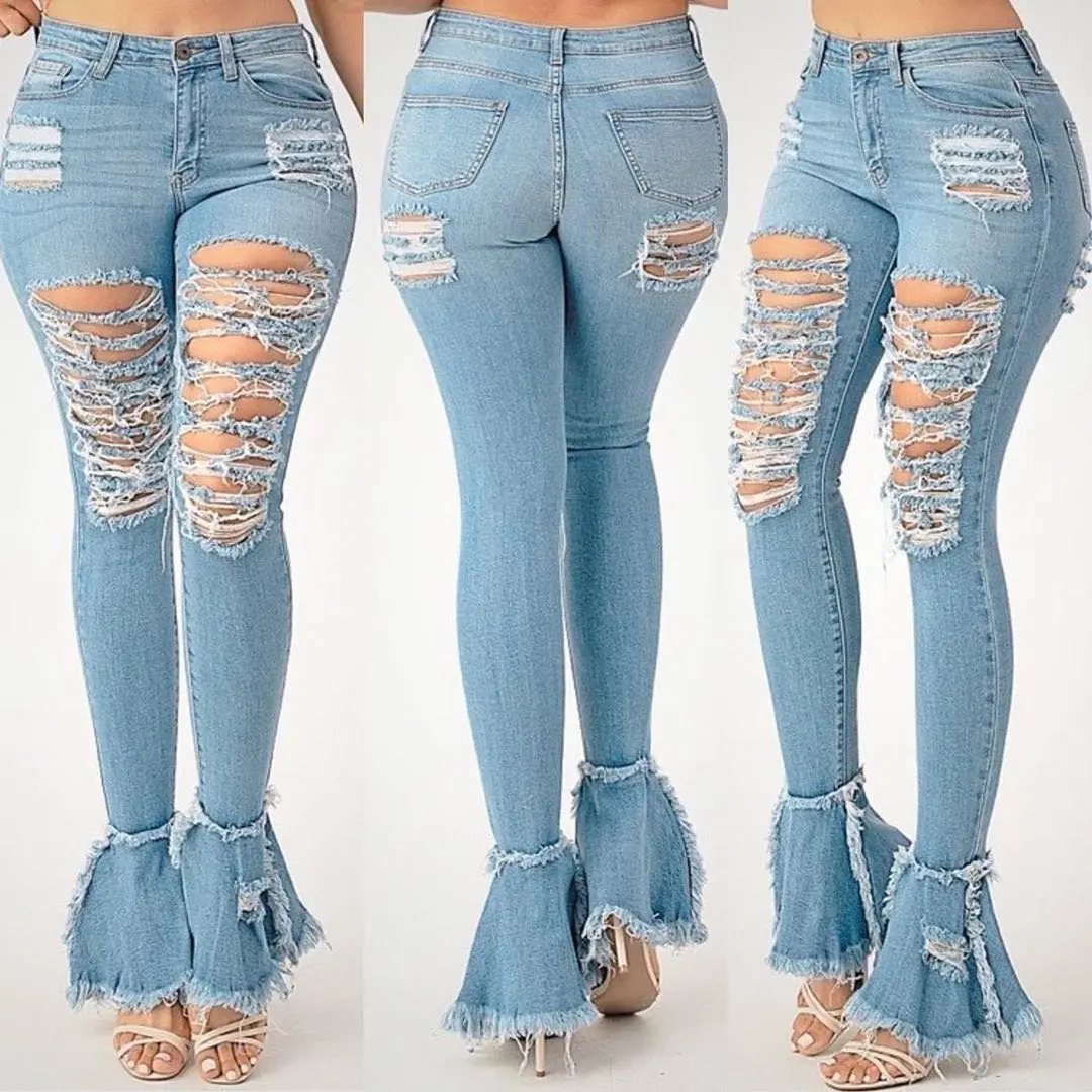 feminino buraco jeans rasgado alargamento spliging calças