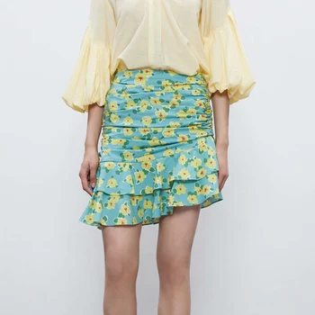 

ladies elegant green floral cascading ruffle skirts summer slim pleated waist women fashion office skirt asymmetric fishtail