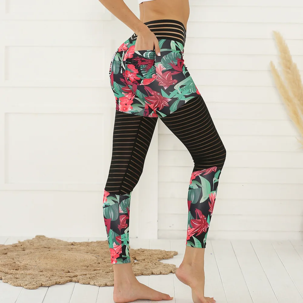 Women Pocket Push Up Fitness Legging Fashion Elastic High Waist Workout Legging Pants Female Floral Printed Leggings Plus Siz