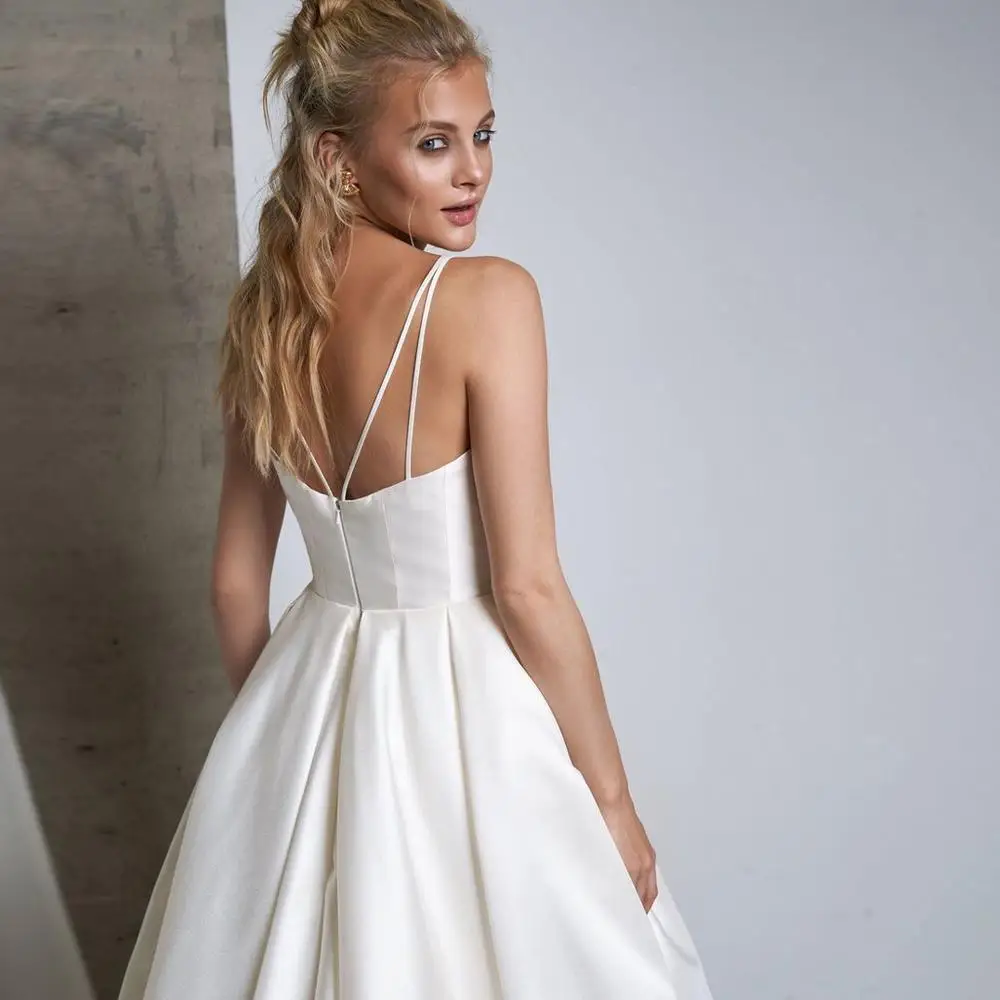 Elegant Satin Wedding Dress 2021 Custom Size Sexy Spaghetti Straps Ruched Pleats A Line Simple Bridal Gowns Vestido De Noiva Mar black wedding dresses
