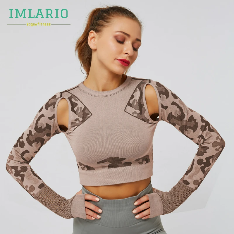 Imlario Camo панель Йога укороченный топ Бесшовные Фитнес тугие рубашки с вырезами гимнастическая Экипировка утягивающий Спортивный Трек тренировки длинный рукав