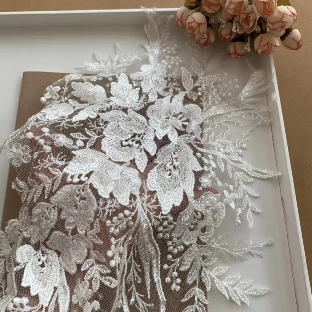 60*32 см белая вышивка бисером кружева аппликация Diy свадебная одежда патчи аксессуар X749