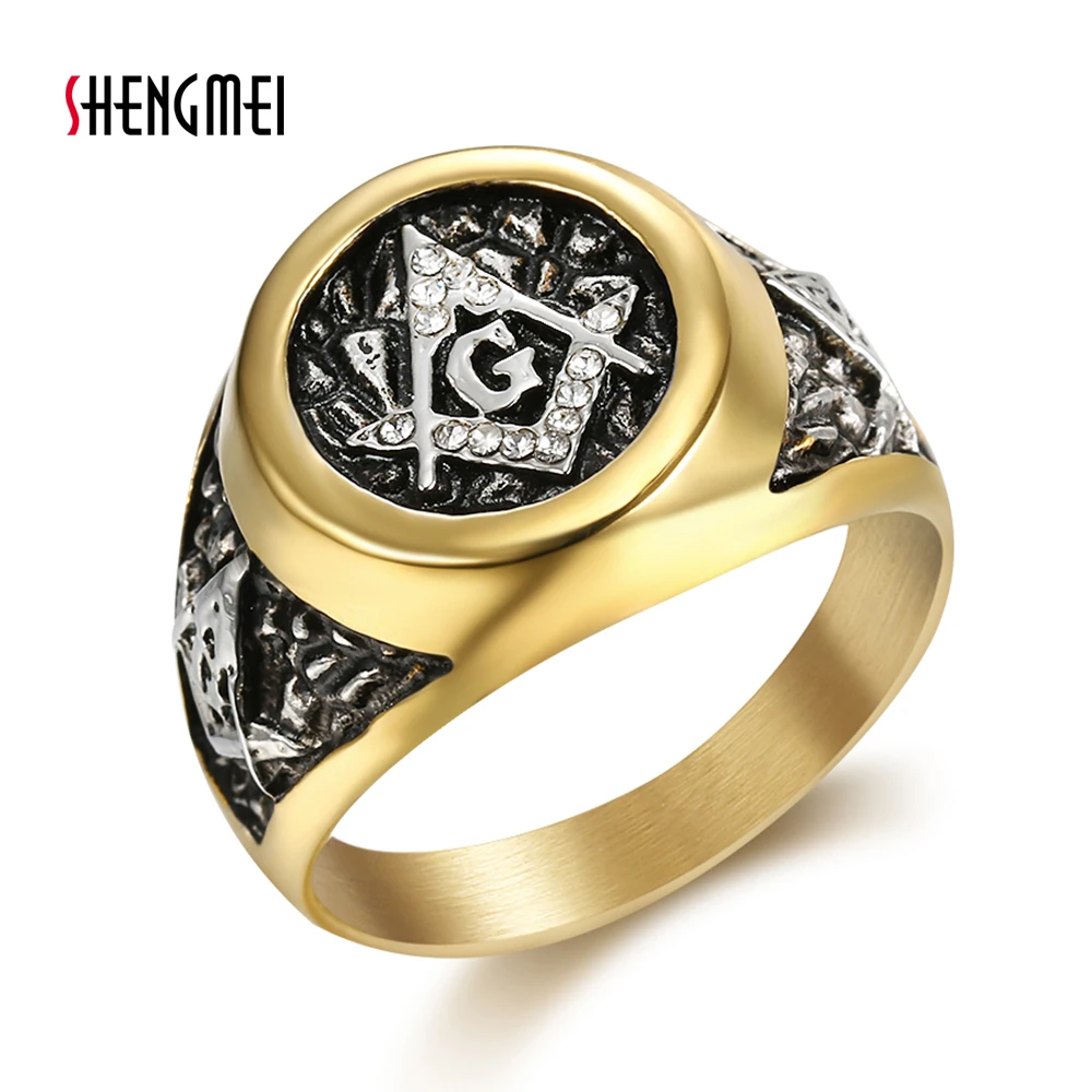 Shengmei, винтажное масонское кольцо из нержавеющей стали 316L для мужчин, AAA CZ Циркон, креативное Золотое серебряное мужское ювелирное изделие SP372