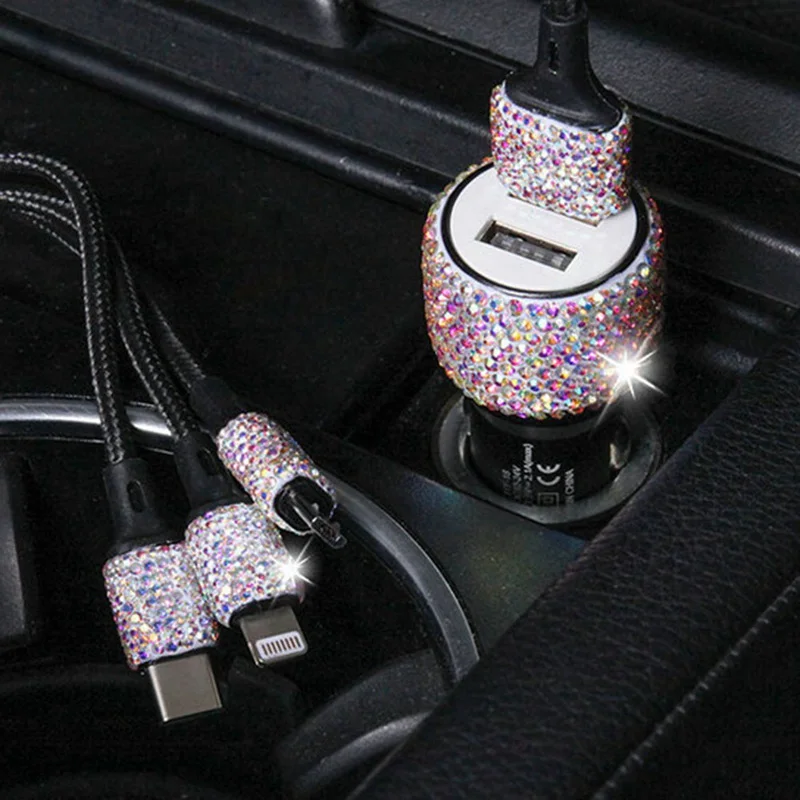 1 шт., автомобильное зарядное устройство с двумя usb-портами, стразы, украшение для автомобиля с кристаллами, для быстрой зарядки, 5 стилей