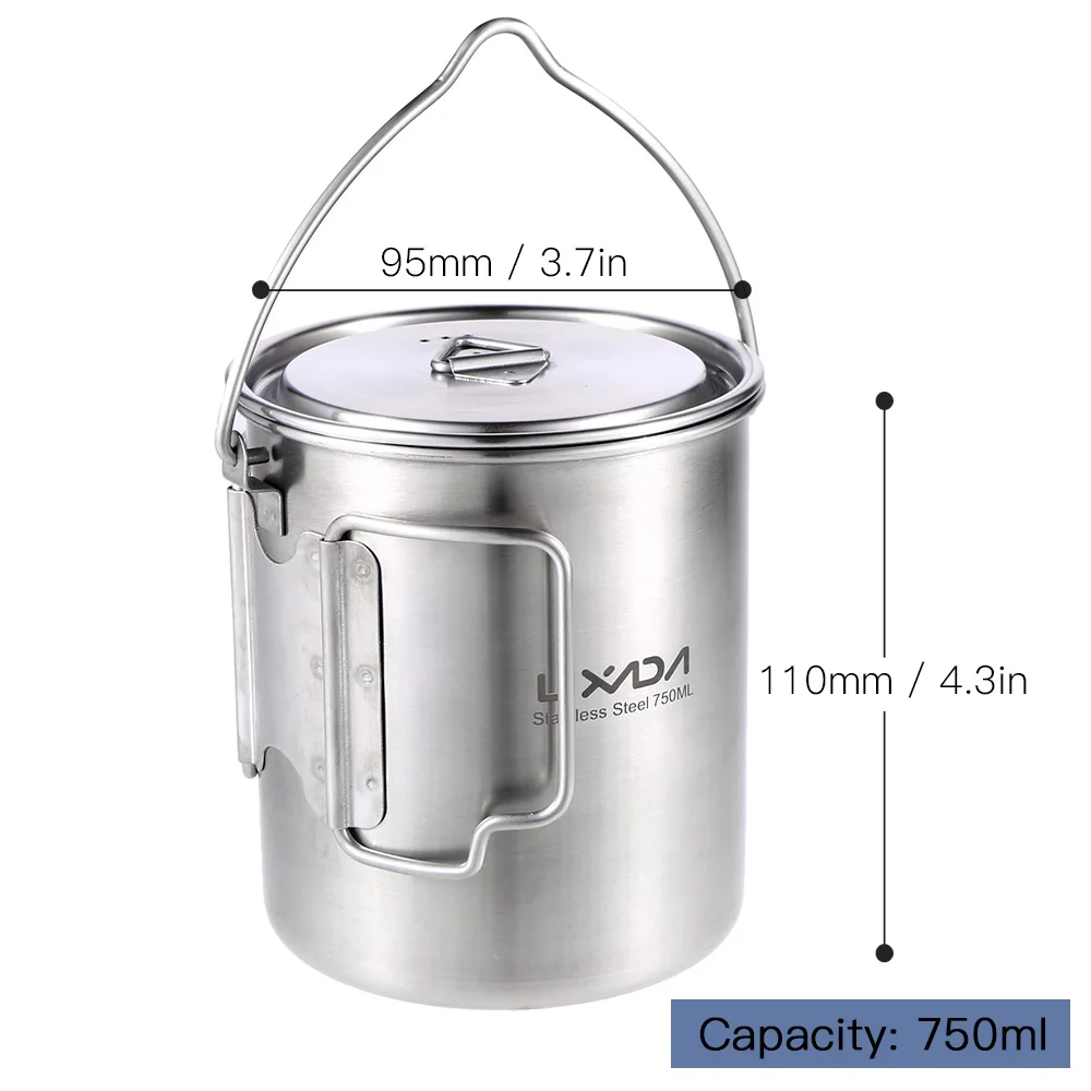 Outdoor Pot 750ml Stainless Steel Outdoor Camping Hang Pot Cup with Lid and Foldable Handle Outdoor Cooking Picnic portable tableware,camping cookware
