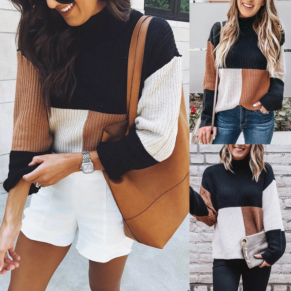Jaycosin Women Colorblock Stand Long Sleeve Knitted Sweater Coat Autumn Long Sleeve Elegant Casual Stylish Top Blouse 