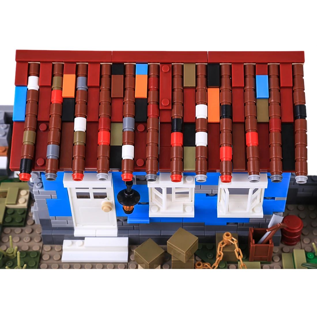 Tile-roofed House Small Particle DIY Assembling Building Blocks Humanoid WeaponToy for Children Tropical Rain Forest Battlefield