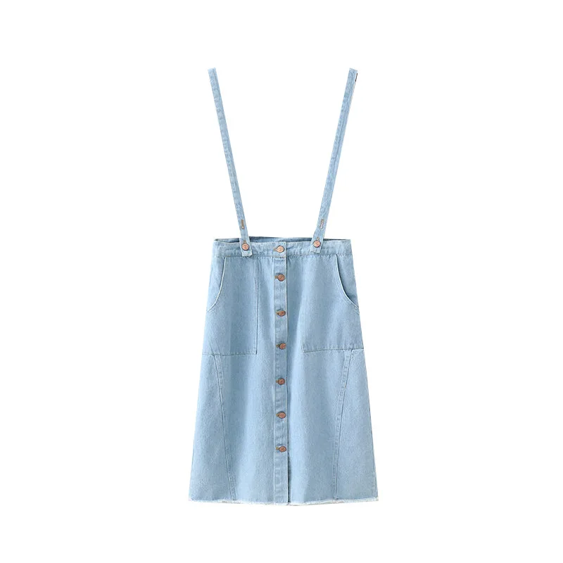 

New Style Summer A- line-Skirt Mid-length High-waisted Denim Skirt Camisole Midi Dress Front Buckle Skirt