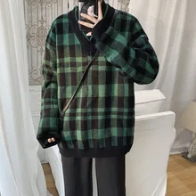 Клетчатый мужской свитер, теплый модный ретро Повседневный свитер с v-образным вырезом, пуловер для мужчин, уличная одежда, свободные вязаные свитера, мужской свитер, одежда