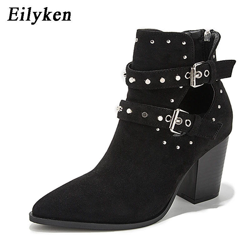 Black EilyKen/Новинка; Черные ботильоны в римском стиле с острым носком; пикантные женские ботинки с заклепками из змеиной кожи; модная женская обувь на молнии с пряжкой; Size36-43 - Цвет: Black