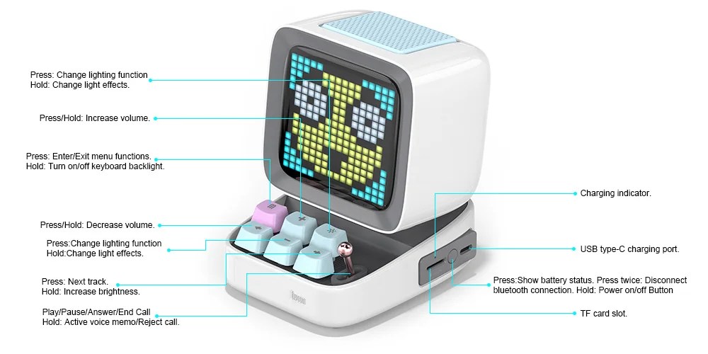 Divoom Ditoo Retro Pixel Art Bluetooth Portable Speaker Alarm Clock DIY LED Display Board, Christmas Gift Home Light Decoration