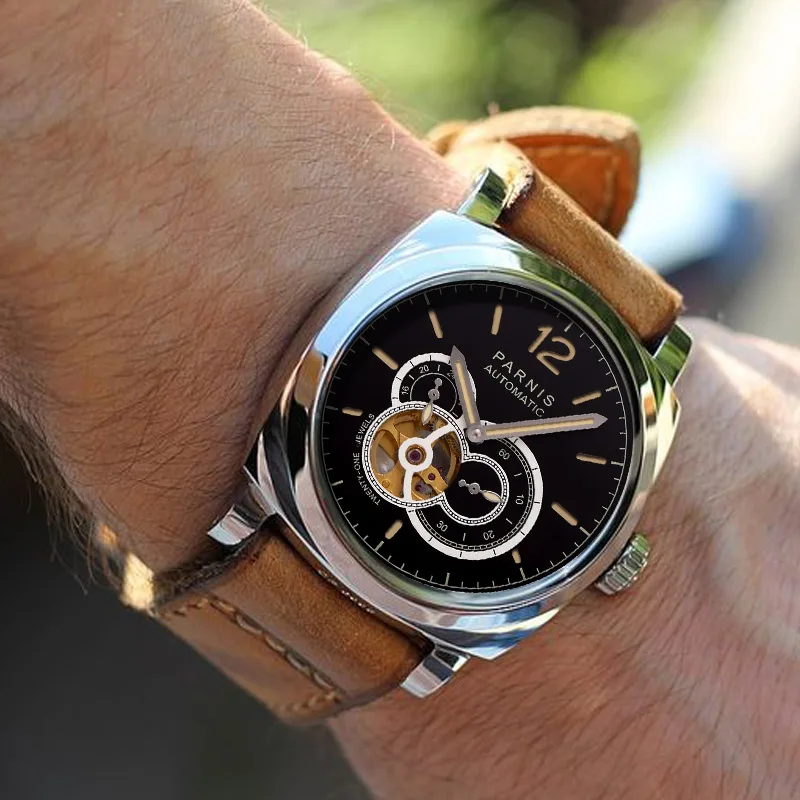 

Parnis 44mm Silver Case Men Automatic Mechanical Skeleton Watch Black Leather Strap Luminous Miyota 8219 Movement Men's Watches