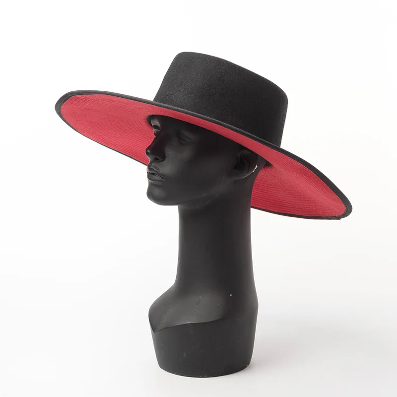 

Autumn and Winter New Double-layer Color Matching Wool Flat Top Big Hat Hat Ladies Fashion Show Style Big Hat