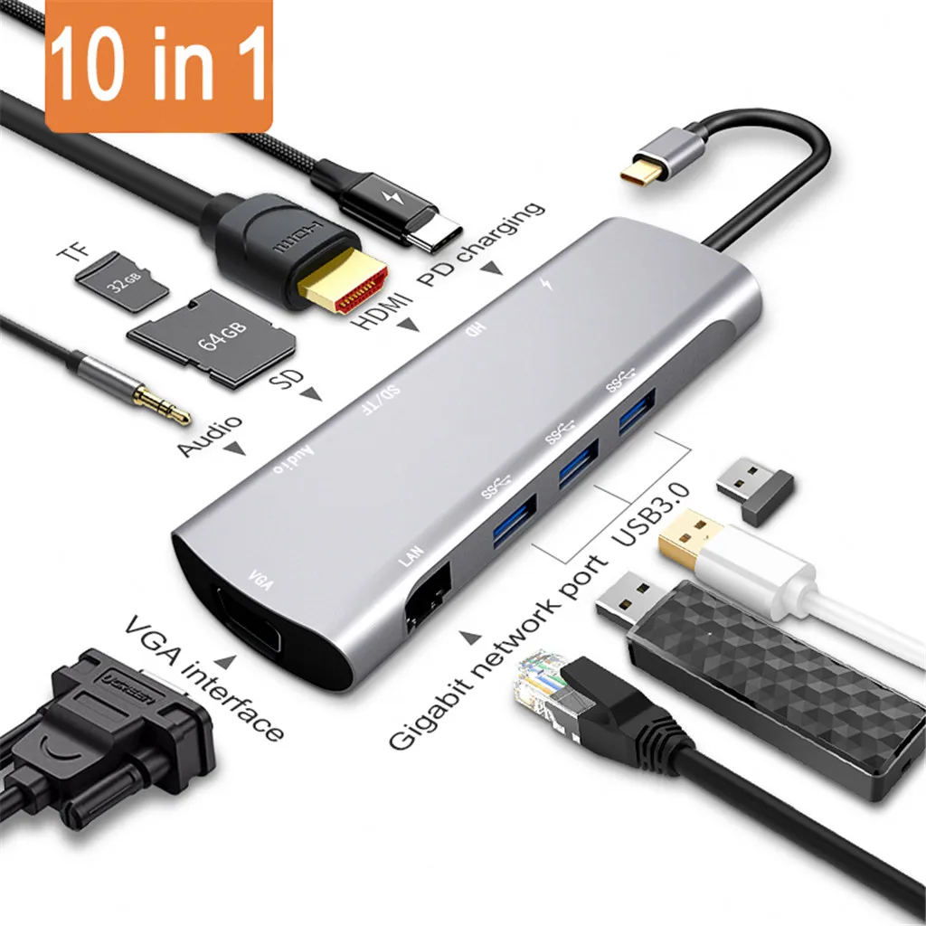 Набор контактов для тестирования 10 в 1 Тип C на HDMI многофункциональная док-станция для USB3.0 концентратор Быстрая зарядка PD VGA/RJ45/HDMI/TF/SD карты/3,5 мм аудио Порты и разъёмы