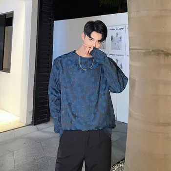 

Homens Cetim Estilo Casual Manga Comprida Pulôver Tops T-shirt Camisas Masculino T-shirt da Flor Do Vintage Azul Tshirt