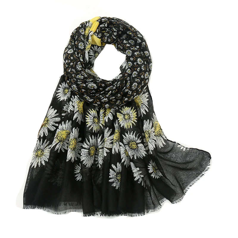 

2021 Beautiful Daisy Print Fringe Scarf Shawls Long Soft Flower Head Scarves Hijab Wrap Free Shipping