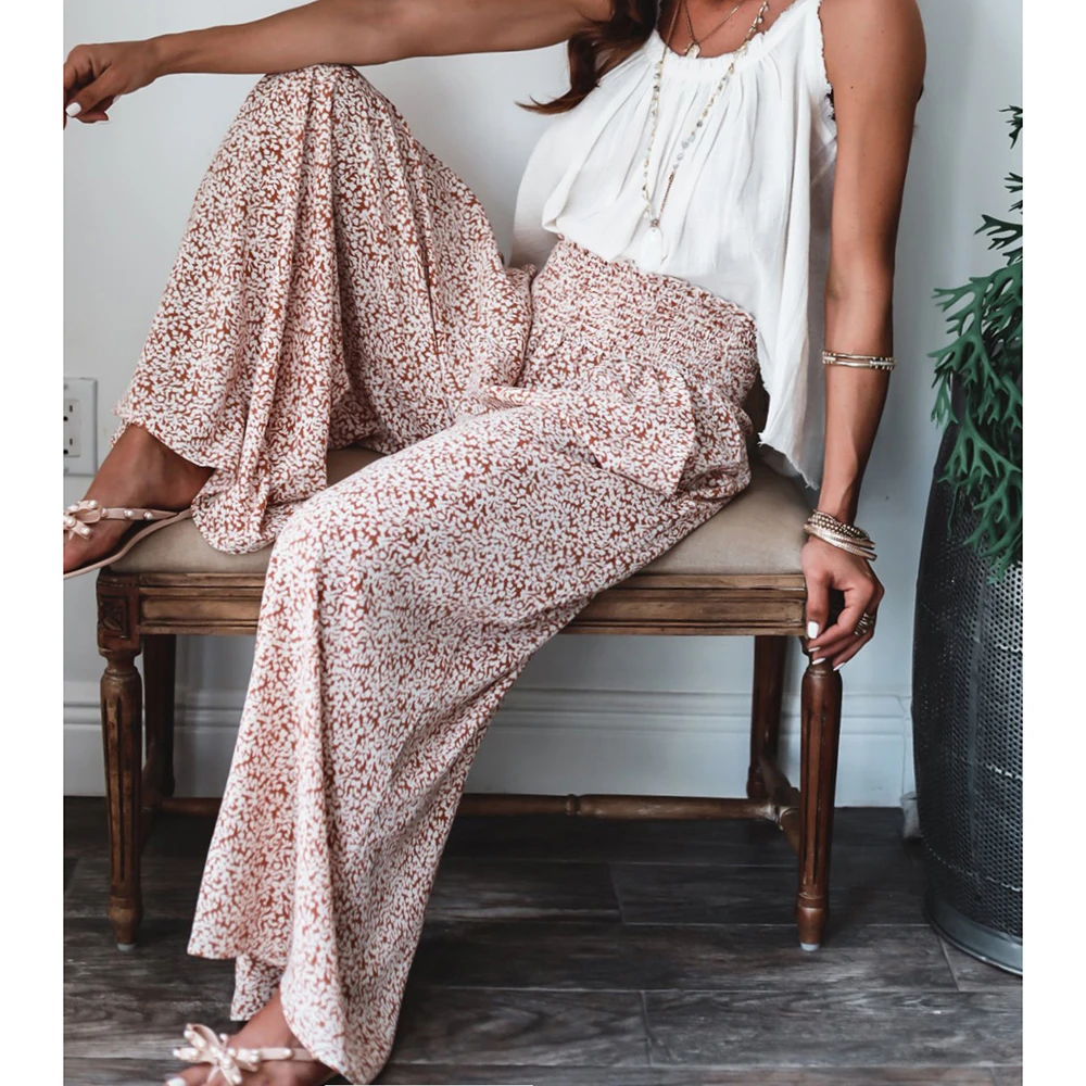 

Bohemian Flower Print Wide Leg Pants Woman Holiday Elastic High Waist Full Length Trousers Femme Vintage Casual Dots Summer